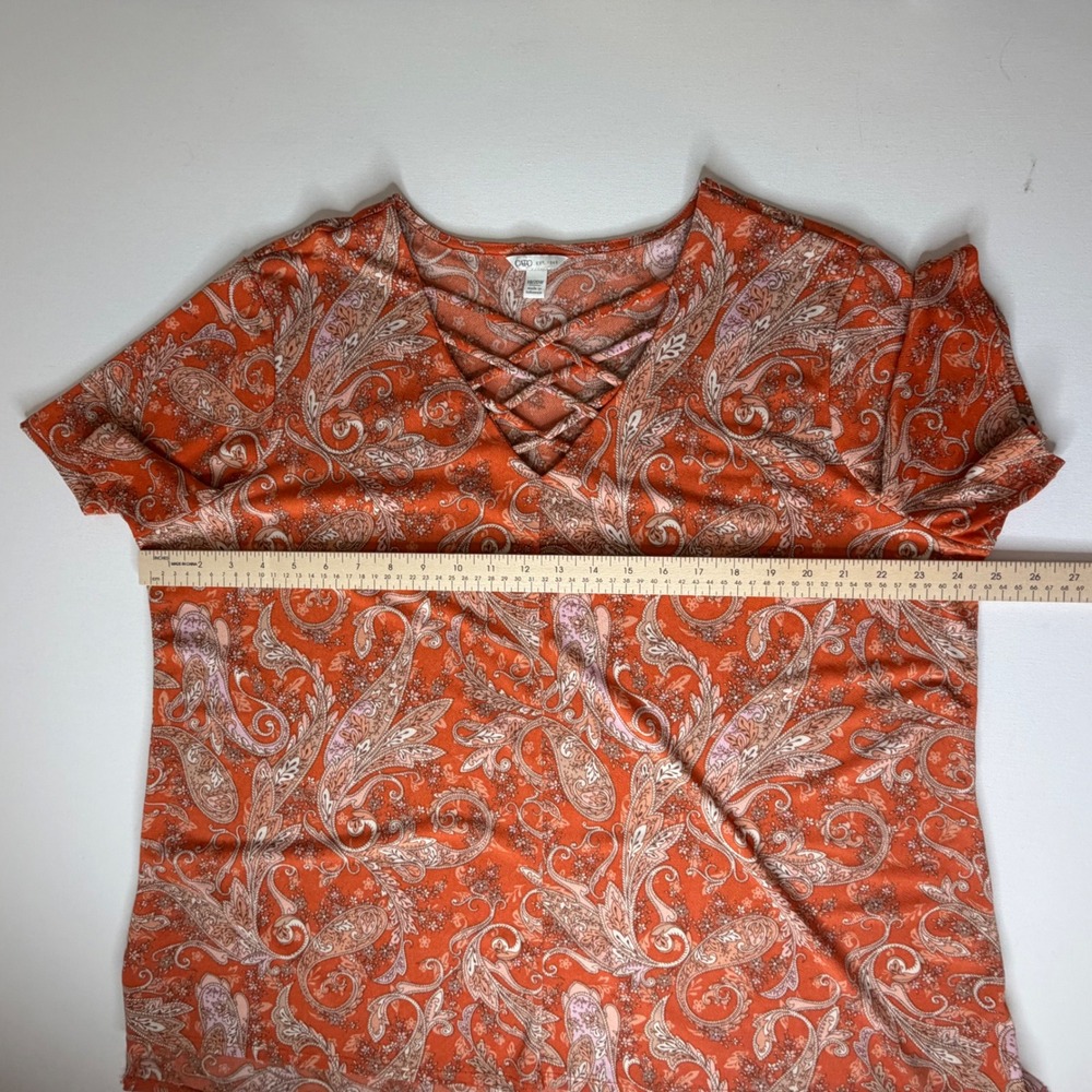 Cato Paisley Lace Up Top Size 18/20W Orange Boho Stretch Comfy Artsy Lightweight - Picture 9 of 9